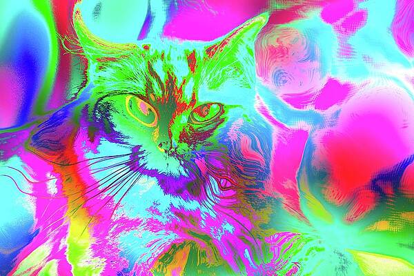 Wall Art - Digital Art - Super Duper Cat Psychedelic Green by Don Northup