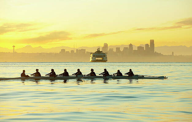 Team Rowing Boat In Bay Print by Pete Saloutos