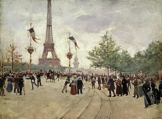 Wall Art - Painting - The entrance to the Universal Exhibition of 1889 Paris showing the Eiffel tower, oil on canvas. by Jean Beraud -1849-1935-