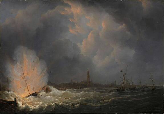 Wall Art - Painting - The Explosion of Gunboat nr 2, under Command of Jan van Speijk, off Antwerp, 5 February 1831. Dat... by Martinus Schouman -1770-1848-