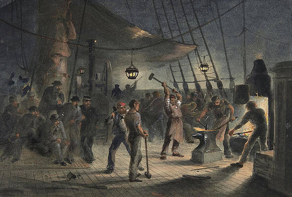 Wall Art - Painting - The Forge on Deck, Night of August 9th Preparing the Iron Plating for Capstan. by Robert Charles Dudley
