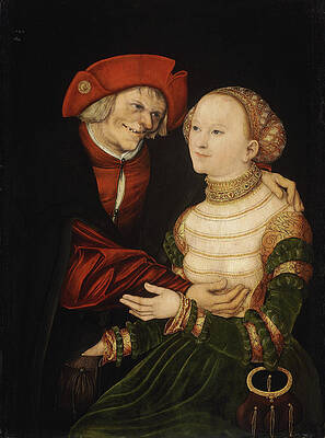 Wall Art - Painting - The Ill-Matched Couple - Old man and young woman by Lucas Cranach the Elder
