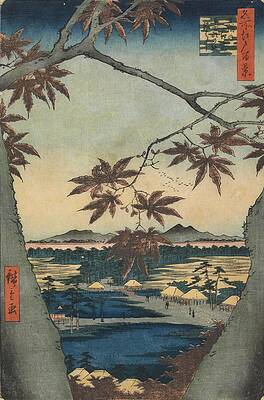Wall Art - Painting - The Maple Trees at Mama, Tekona Shrine and Tsugi Bridge, from the series One Hundred Views of Fam... by Utagawa Hiroshige