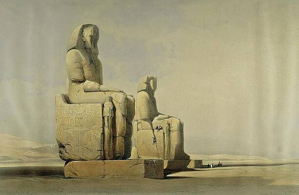 Wall Art - Painting - The memmon colossi statue of Amenphis III, lithograph by David Roberts, 1838. by David Roberts -1796-1864-