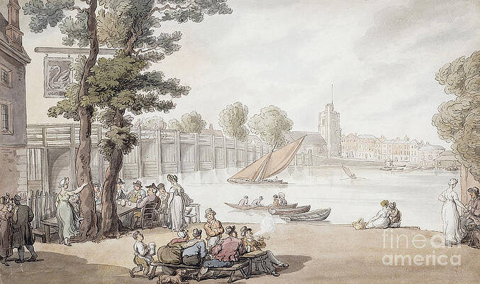 Wall Art - Painting - The Old Swan Inn, With A View Of Putney Bridge Beyond by Thomas Rowlandson