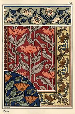 Wall Art - Drawing - The poppy, Papaver somniferum, in stained glass, wallpaper, fabric and tile patterns. Lithograph ... by Album