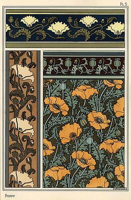 Wall Art - Drawing - The poppy, Papaver somniferum, in wallpaper and fabric patterns. Lithograph by Verneuil. by Album