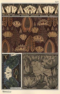 Wall Art - Drawing - The water lily, Nelumbo lutea, in fabric, cross-stitch tapestry, and relief mold patterns. Lithog... by Album