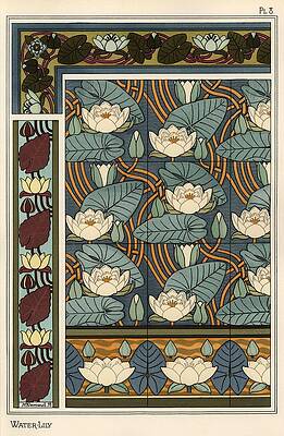 Wall Art - Drawing - The water lily, Nelumbo lutea, in wallpaper and tile patterns. Lithograph by Verneuil. by Album