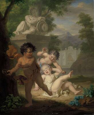 Wall Art - Painting - Three children arguing for a bird's nest. by Isaac Walraven -rejected attribution-