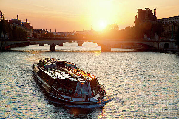 Tourist Boat On Seine River At Sunset Print by Sylvain Sonnet