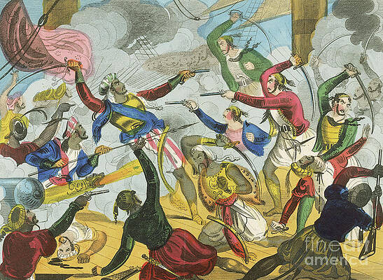 Wall Art - Drawing - Turks Attacking Greek Corsairs, 19th Century Hand by J Fairburn