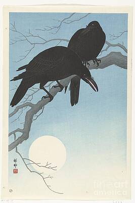 Wall Art - Painting - Two Crows On A Branch, 1927 Color Woodcut by Ohara Koson
