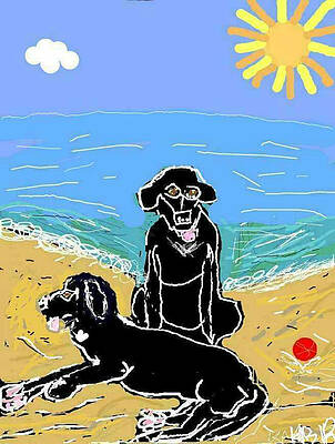 Wall Art - Drawing - Two Labs at the Beach by Kathy Barney