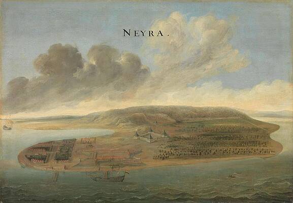 Wall Art - Painting - Two Views of Dutch East India Company Trading Posts Lawec in Cambodia and Banda in the Southern ... by anonymous -rejected attribution- Johannes Vinckboons -attributed to-