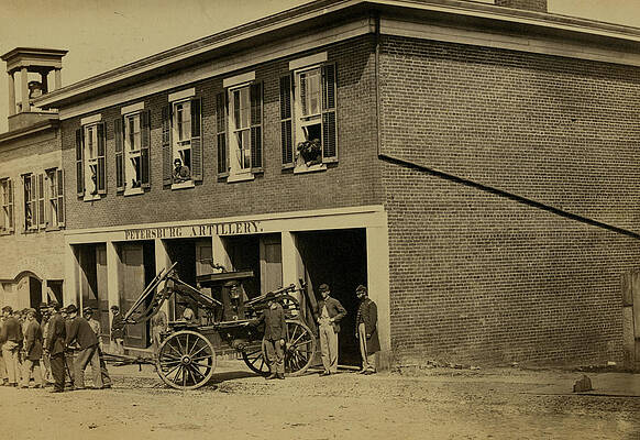 Wall Art - Painting - Union soldiers pull a fire engine from a garage designated Petersburg artillery by