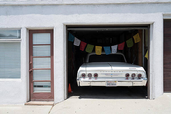 Los Angeles Wall Art featuring the digital art Usa, California, Los Angeles, Pacific Ocean, Route 66, Old Chevrolet Parked In Garage by Giovanni Simeone