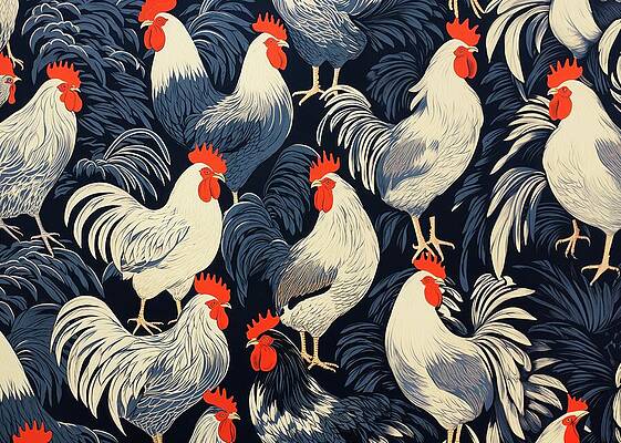 Wall Art - Digital Art - Vibrant Rooster Pattern On Dark Background by Trendy Art