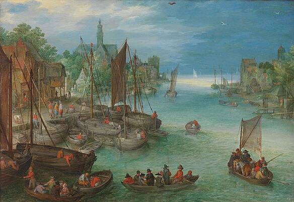 Wall Art - Painting - View of a City along a River. View of a Town on a River. by Jan Brueghel -I- -attributed to-