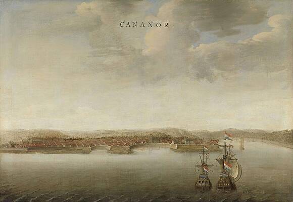 Wall Art - Painting - View of Cannanore on the Malabar Coast in India. Gezicht op Cananor aan de kust van Malabar in In... by anonymous -rejected attribution- Johannes Vinckboons -attributed to-