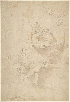 Wall Art - Drawing - Virgin And Child On Crescent Moon With Putti by Jusepe De Ribera
