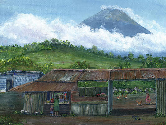 Volcano Agua, Guatemala, with Fruit Stand by Lenora De Lude Volcano Agua, Guatemala, with Fruit Stand by Lenora De Lude