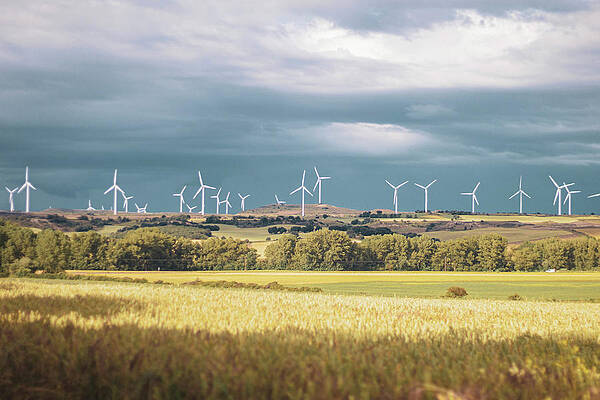 Wall Art - Photograph - Wheat Field And Windmills Background With Mountains, Cloudy Day by Cavan Images