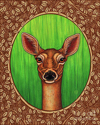 Wall Art - Painting - White Tailed Doe Portrait - Brown Border by Amy E Fraser