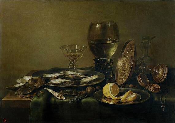 Wall Art - Painting - Willem Claesz Heda / 'Bodegon con tazza de plata, copa Roemer y ostras', 1632, Dutch School.. by Willem Claeszoon Heda -c 1594-c 1680-