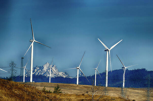 Wall Art - Photograph - Windmills and power lines  with Mt Stuart  by Steve Estvanik