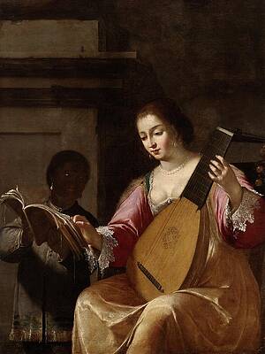Wall Art - Painting - Woman Playing A Lute by Jean Daret