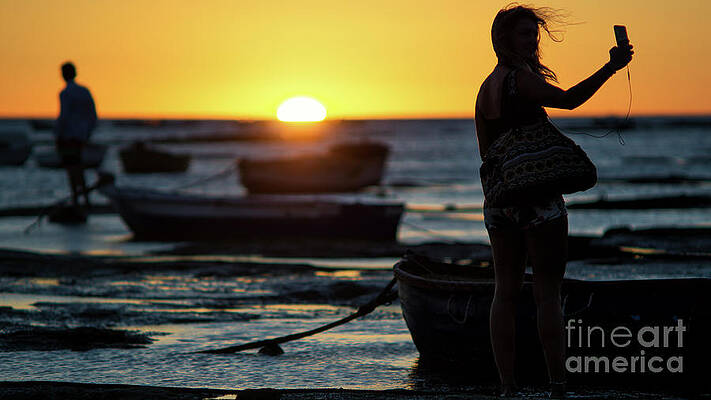 Wall Art - Photograph - Woman Selfie at Sunset La Caleta Beach Cadiz Spain by Sapiens Verbum