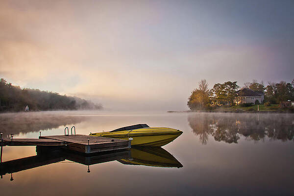 Yellow Speedboat Reflection At Lake Print by Nancy Rose