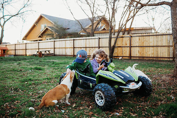 Wall Art - Photograph - Young Brother And Sister Sitting In Battery Powered Car Petting Corgi by Cavan Images