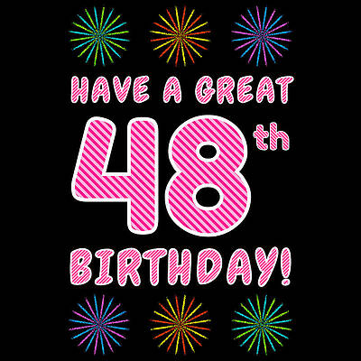 [ Thumbnail: 48th Birthday - Light Pink and Dark Pink Striped Text, and Colorful Bursting Fireworks Shapes Acrylic Print ]