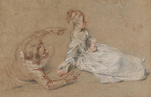 A Man Reclining And A Woman Seated On The Ground Print by Antoine Watteau