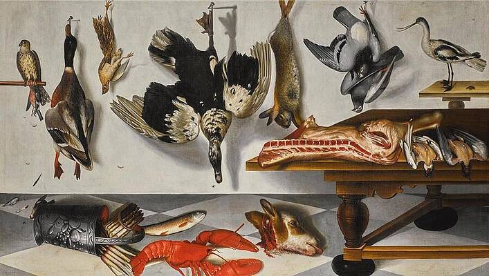 Wall Art - Painting -  A pair of trompe l'oeil game larder still lifes  with a hare  partridge  snipe  turkey  pike  eel a by Cornelis Biltius