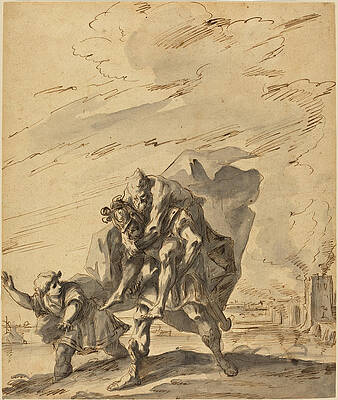 Aeneas Carrying Anchises From Burning Troy Print by Gaspare Diziani