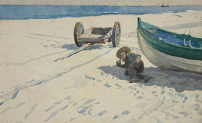 Wall Art - Painting - Beach scene with Man Resting in Shadow of Boat #1 by Edwin Austin Abbey