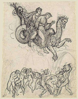 Dante and Virgil Riding on the Back of Geryon Print by Joseph Anton Koch
