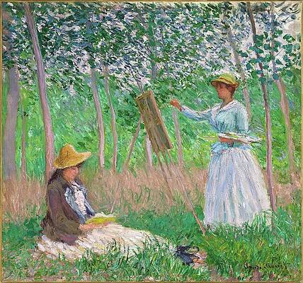 Wall Art - Painting - In The Woods At Giverny Blanche Hoschede At Her Easel With Suzanne Hoschede Reading #1 by Claude Monet