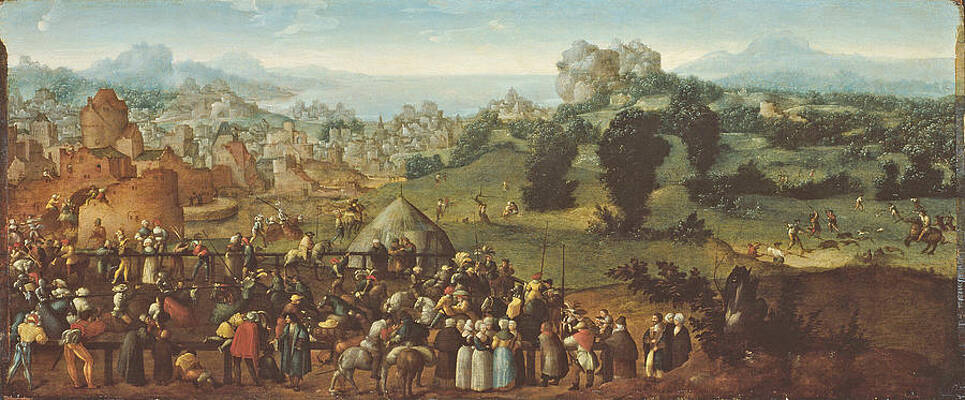 Landscape with Tournament and Hunters Print by Jan van Scorel