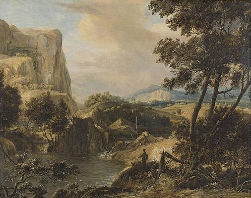 Mountainous Landscape With Fisherman Print by Roelant Roghman