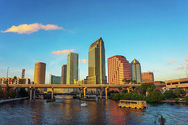 Tourism Wall Art featuring the photograph Tampa Skyline At Sunset With Tourist Boats On The Hillsborough River #1 by Miroslav Liska