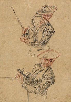 Two Studies Of A Violinist Tuning His Instrument Print by Antoine Watteau