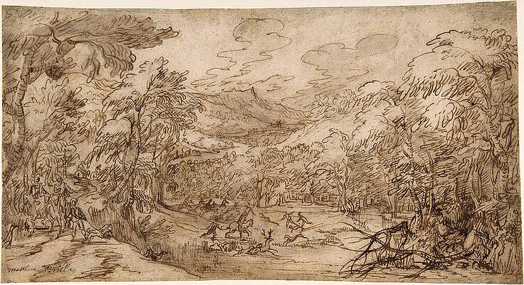 Wooded Landscape With Stag Hunt Print by Tobias Verhaecht