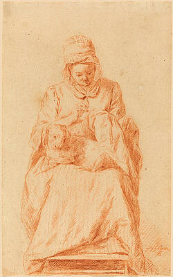 Young Woman Sewing with a Dog Resting on Her Lap Print by Johann Gottlieb Glume