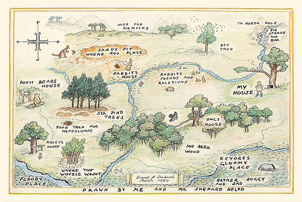 Wall Art - Drawing - 100 Acre Wood Map by E.H. Shepard by Kiku Chai