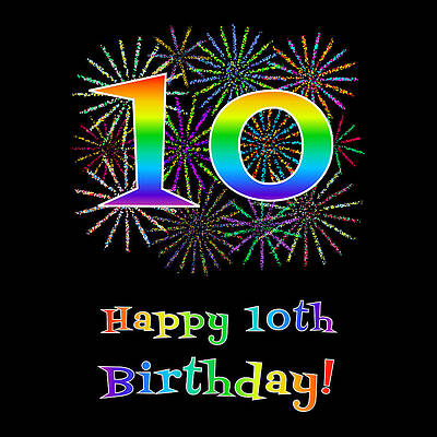 [ Thumbnail: 10th Birthday - Fun Rainbow Spectrum Gradient Pattern Text, Bursting Fireworks Inspired Background Youth T-Shirt ]