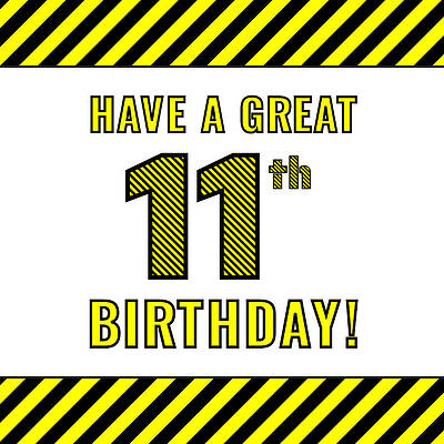 [ Thumbnail: 11th Birthday - Attention-Grabbing Yellow and Black Striped Stencil-Style Birthday Number Throw Pillow ]